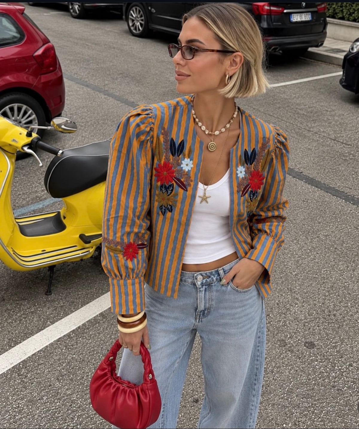 Striped Floral Embroidered Jacket