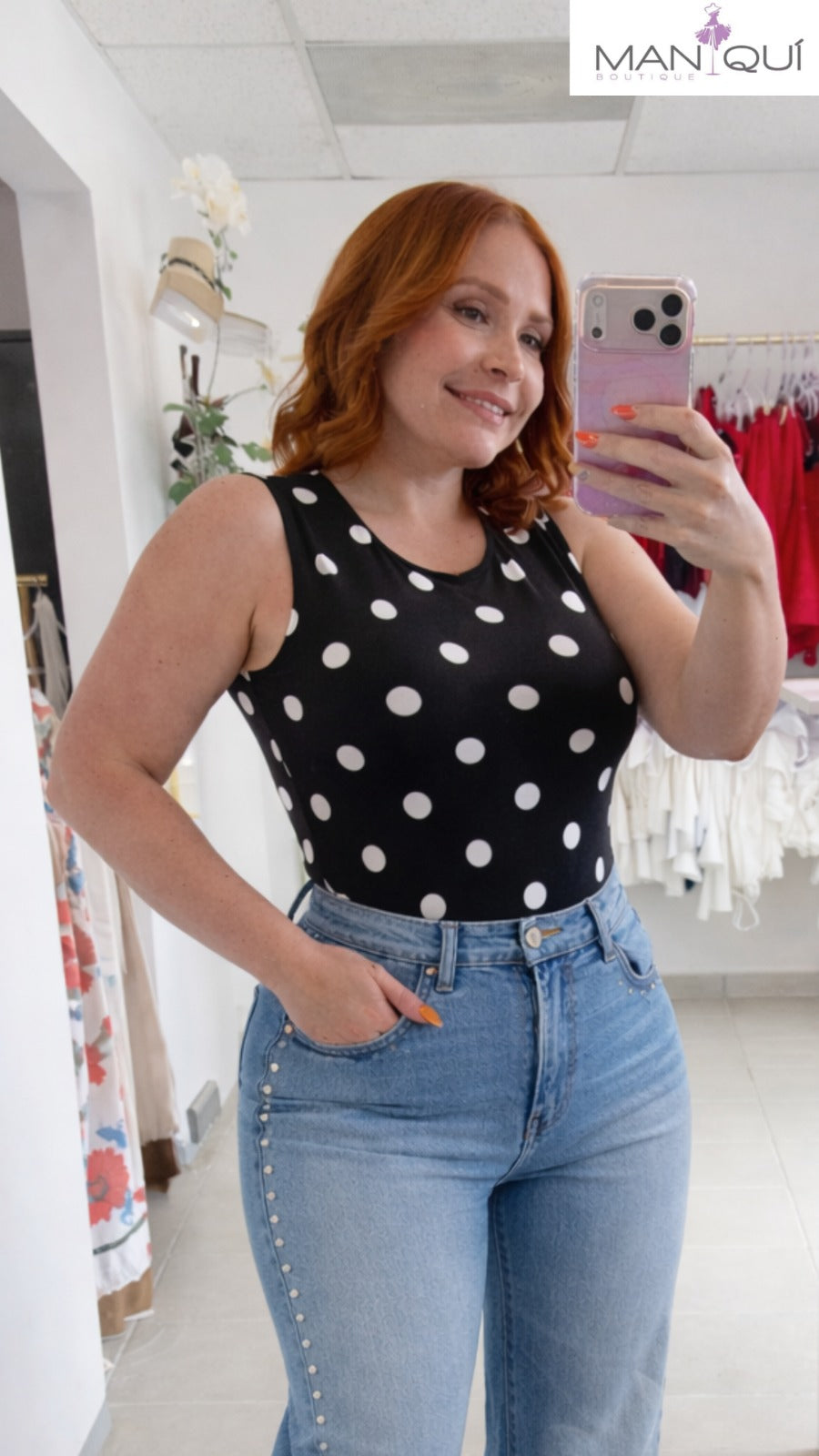 Round Neck Polka Dots Black Bodysuit