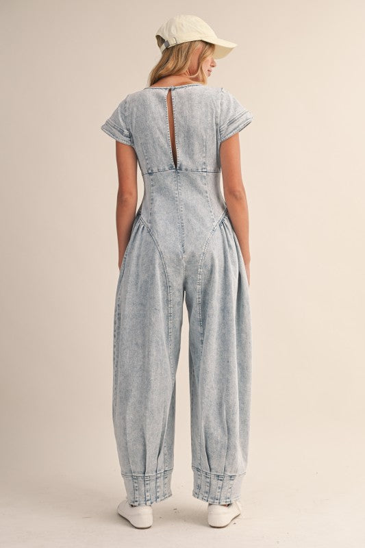 Denim Pintucked Waist Barrel Jumpsuit