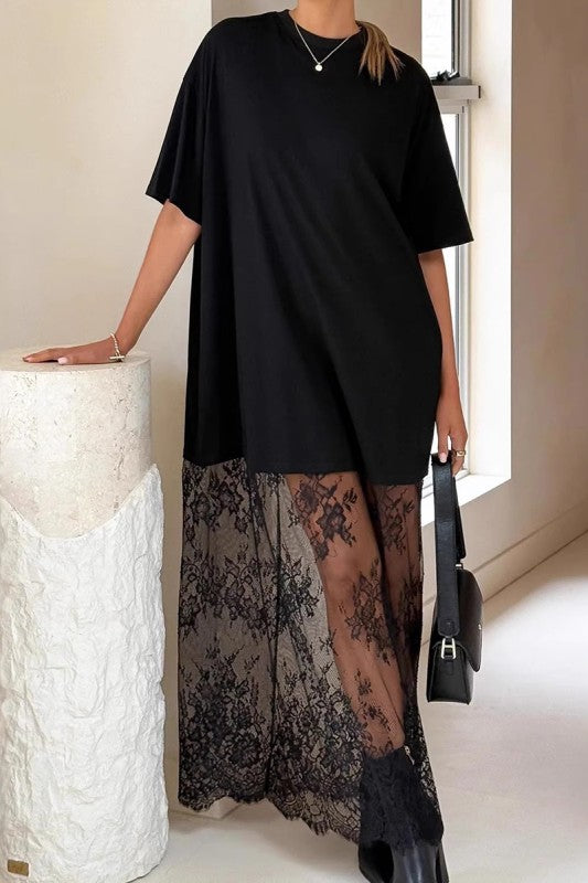 Floral Laced Patchwork T Shirt Maxi Dress