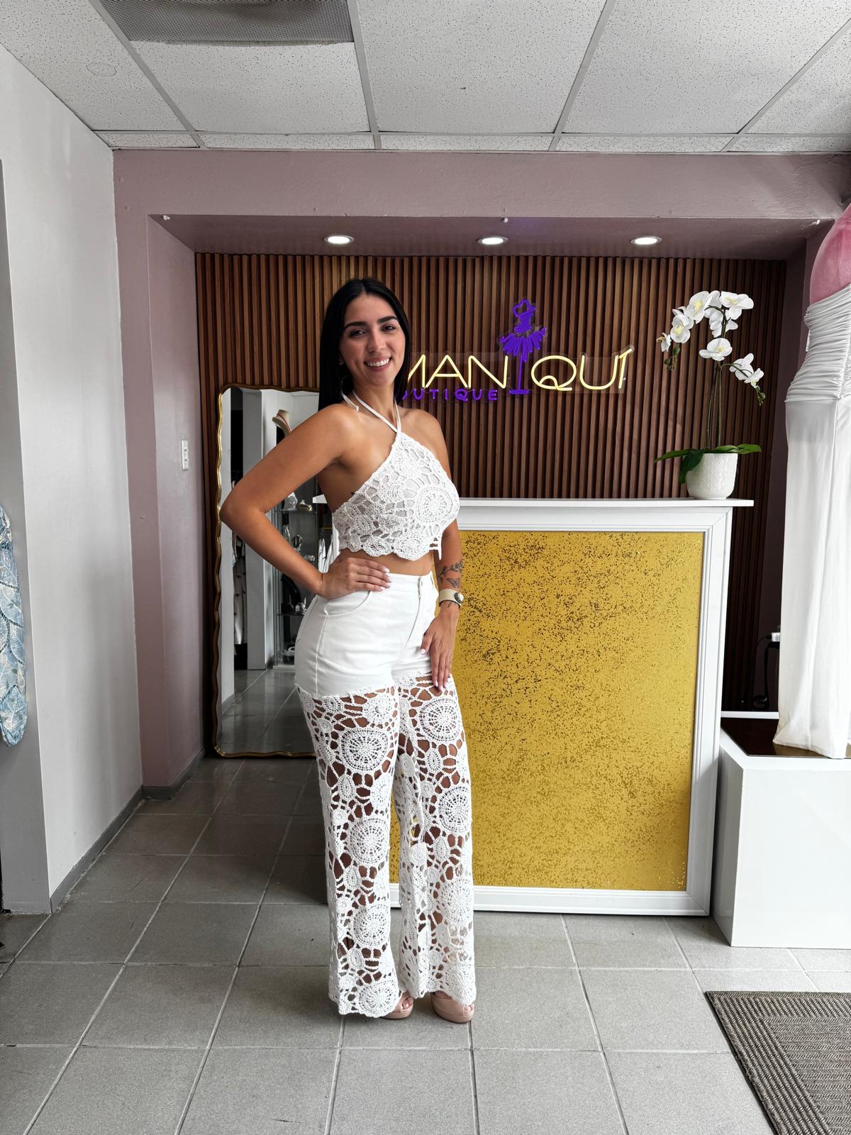 Fancy Crochet and Denim White Set