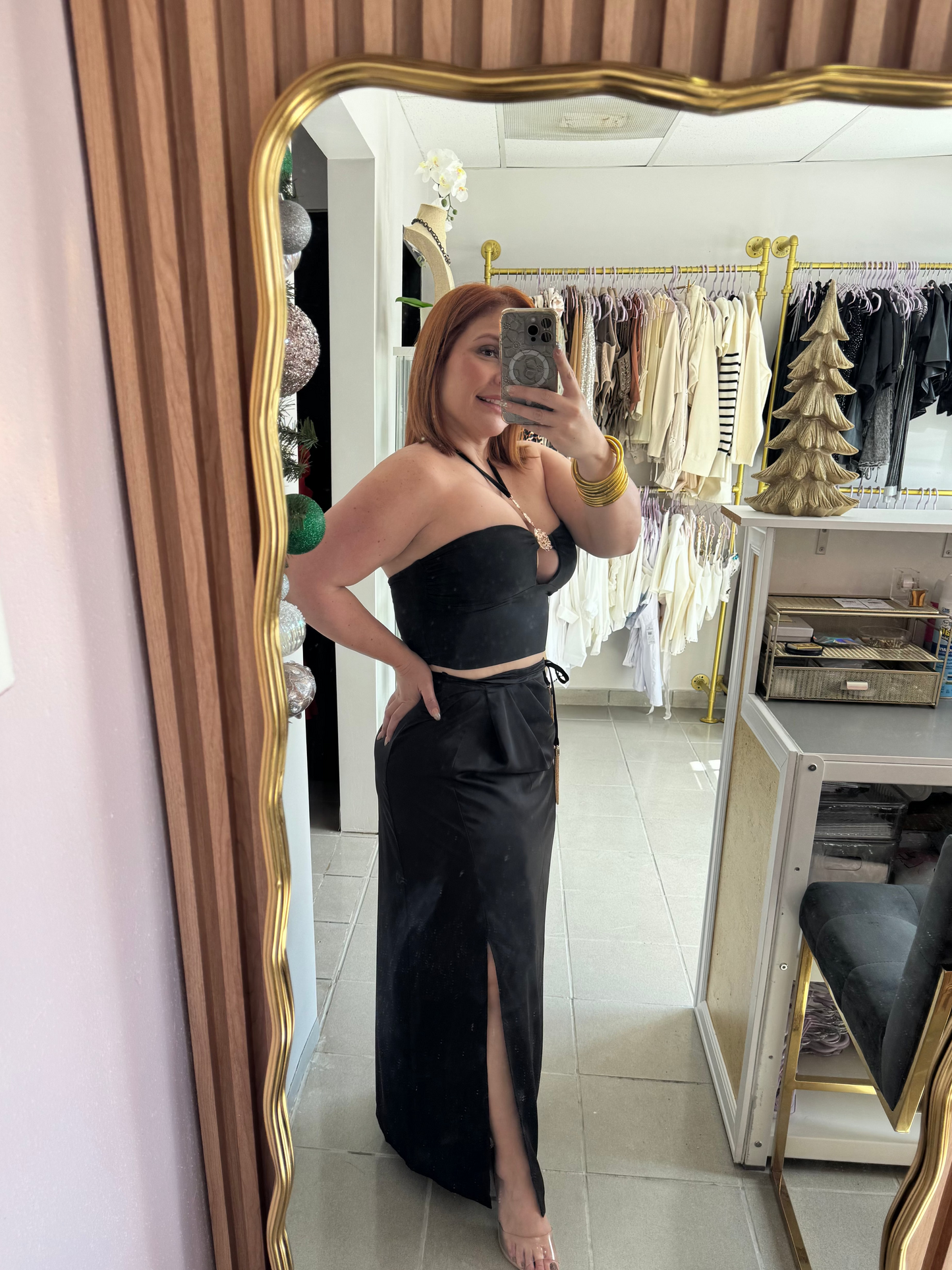 Pleated Satin Black Skirt