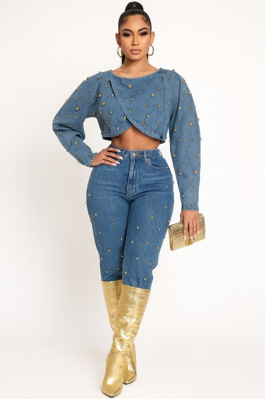 Embellish Studded Cropped Denim Top