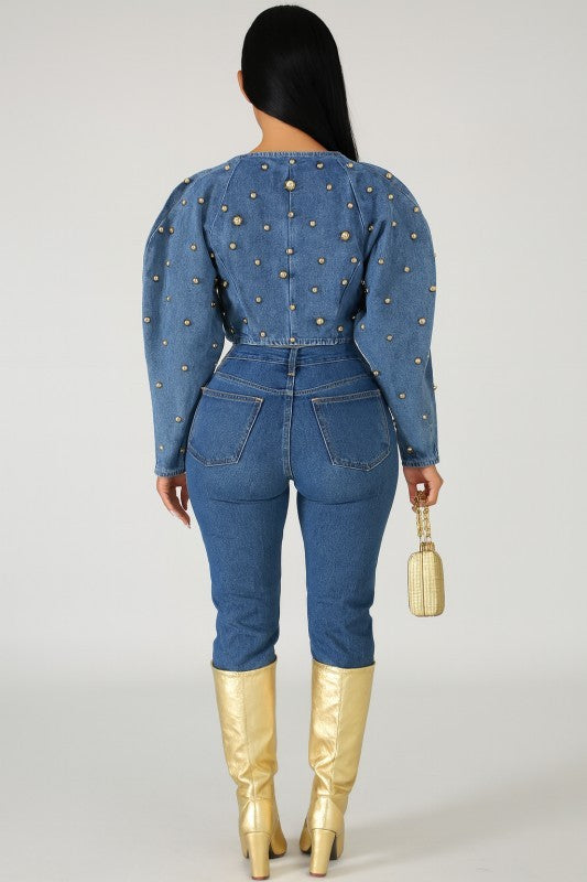 Embellish Studded Cropped Denim Top