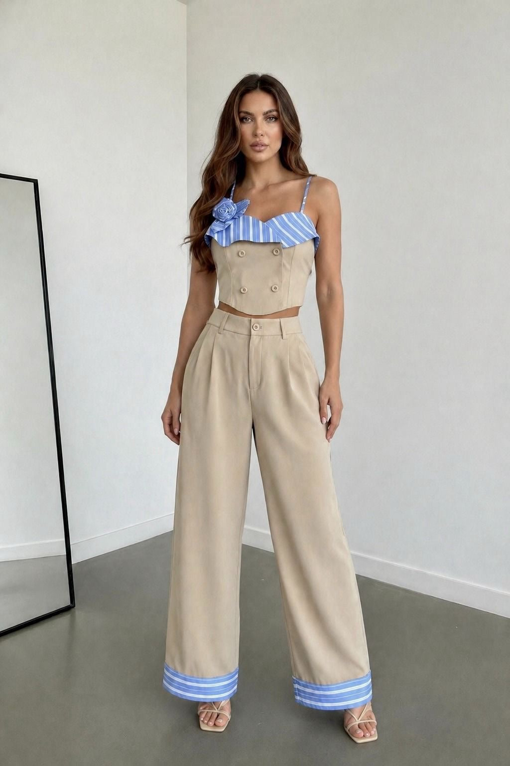Khaki and Blue Stripes Casual Set