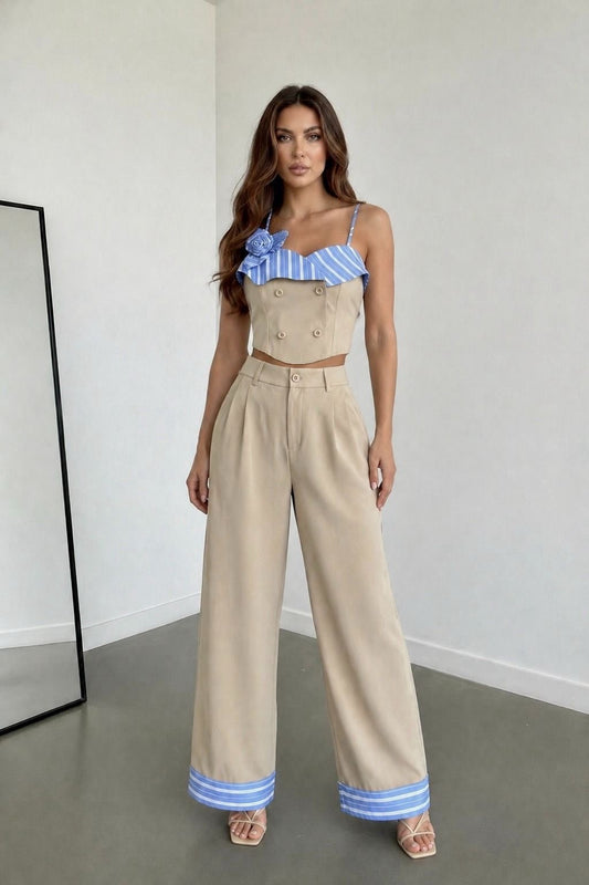 Khaki and Blue Stripes Casual Set