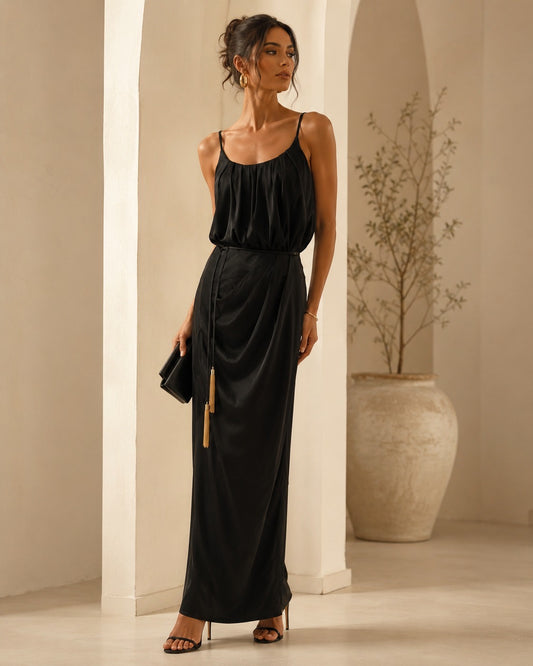 Pleated Satin Black Skirt