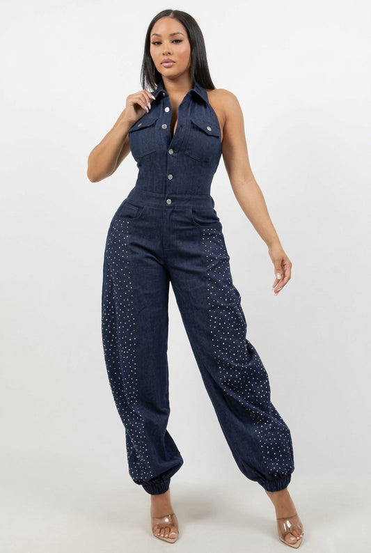Washed Denim Rhinestones Detailed Jumpsuit