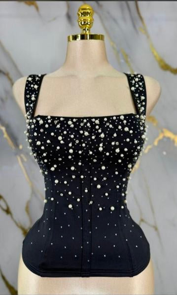 Black Rhinestones and Pearls Top