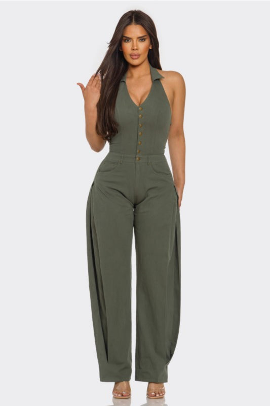 Halter Barrel Denim Jumpsuit
