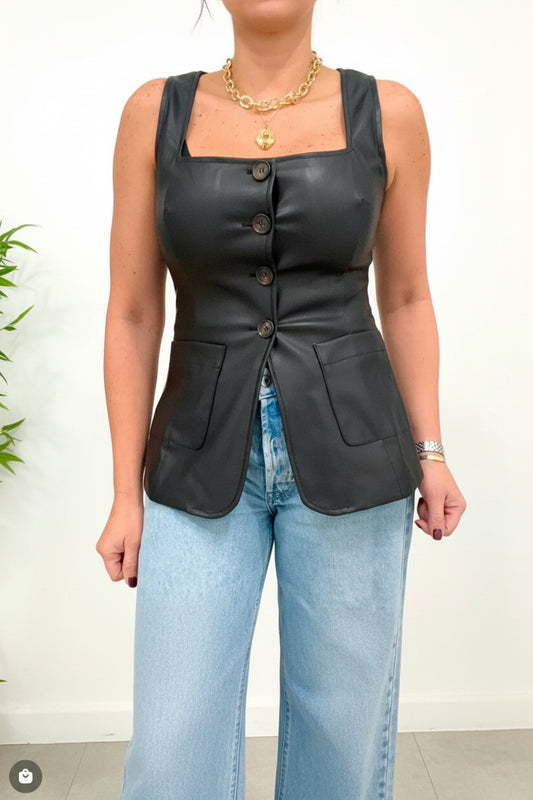 PU Black Leather Classic Vest