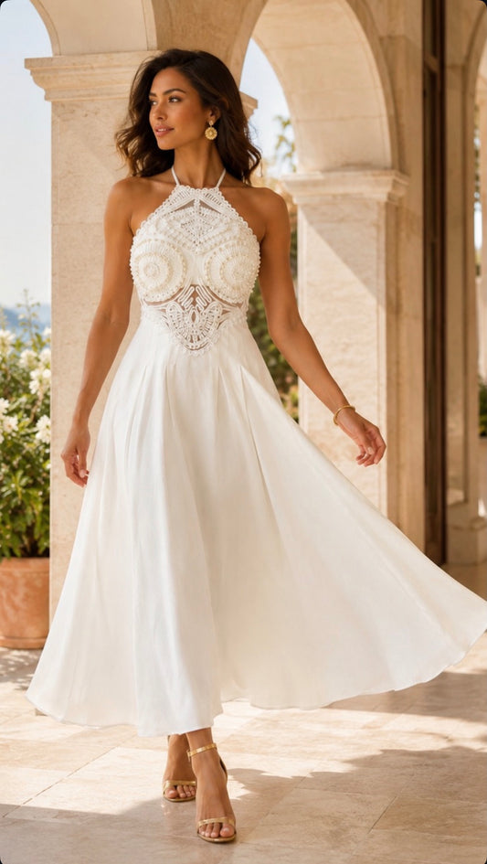 Linen, macrame and pearls maxi dress
