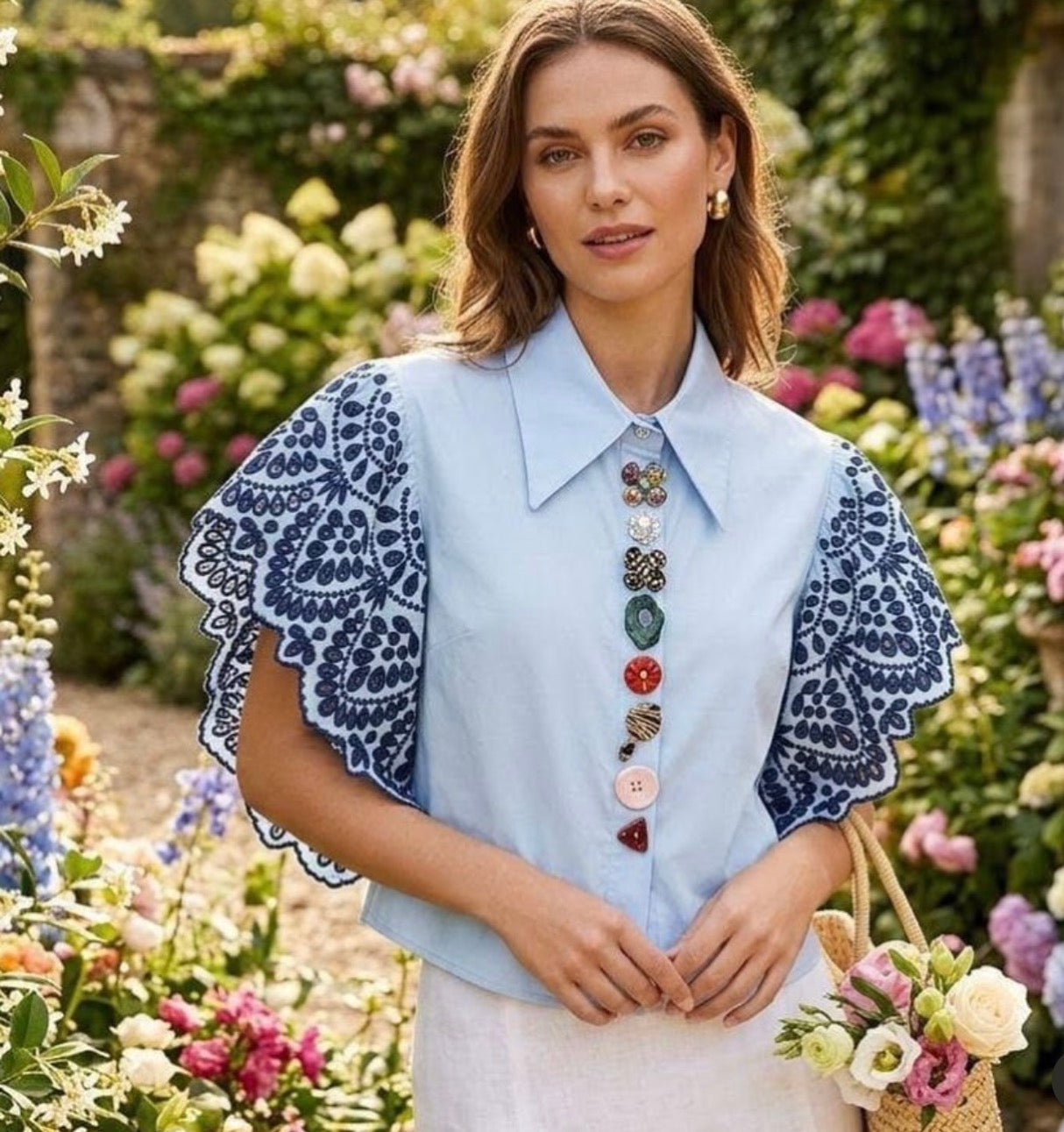 Blue Poplin And Beautiful Buttons Top