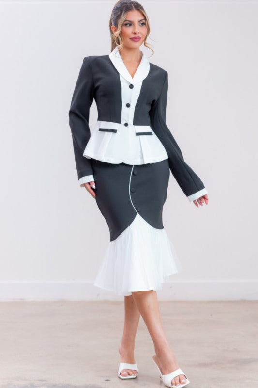 Contrast Blazer and Skirt Set