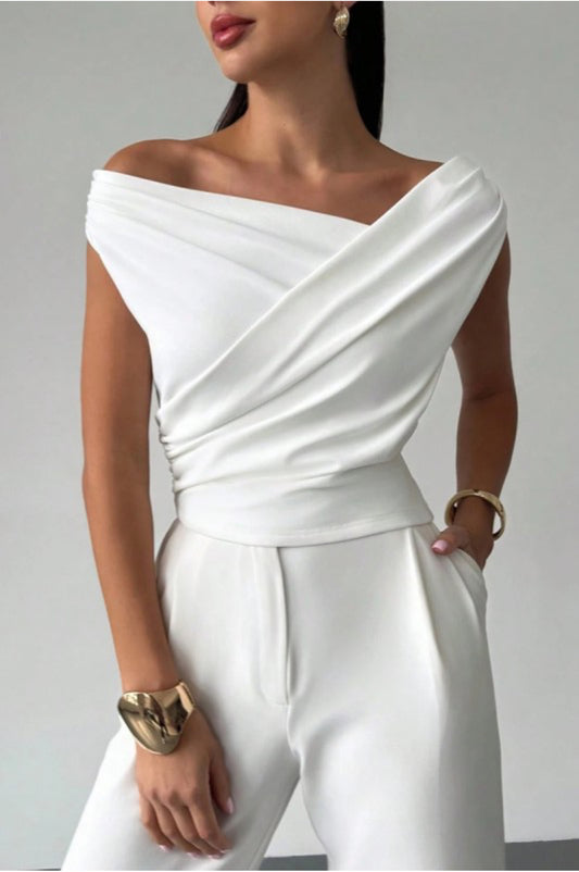Drapped Off Shoulder White Top