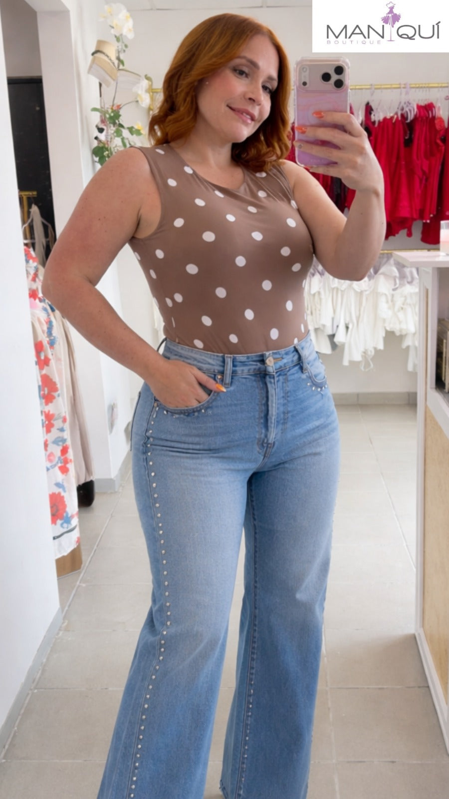 Round Neck Polka Dots Mocha Bodysuit