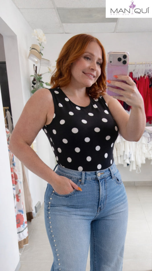Round Neck Polka Dots Black Bodysuit