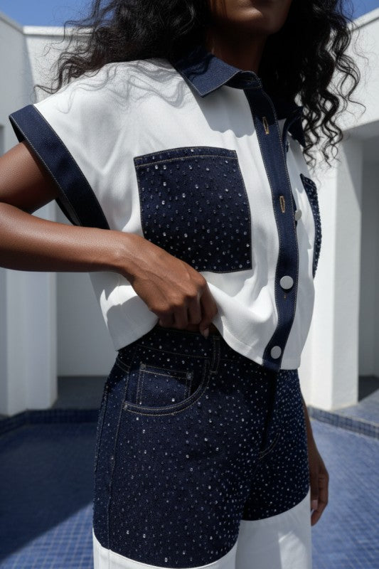Contrast Panel Denim and Rhinestone Set