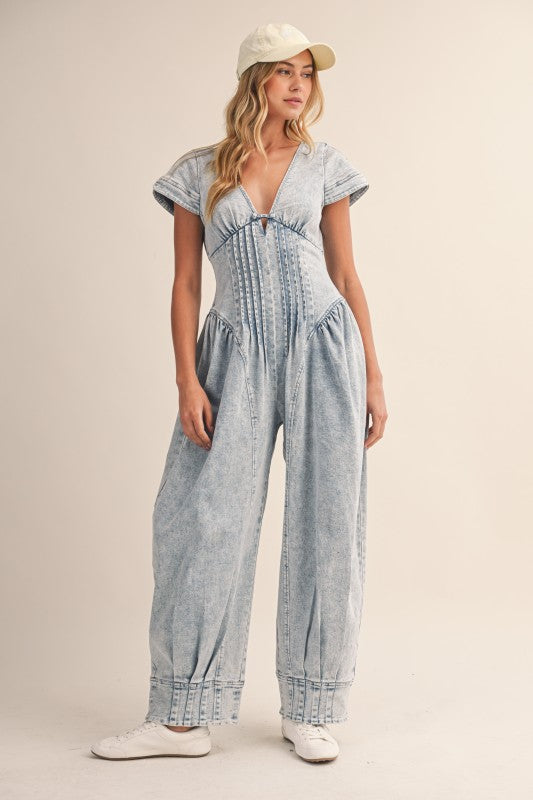 Denim Pintucked Waist Barrel Jumpsuit
