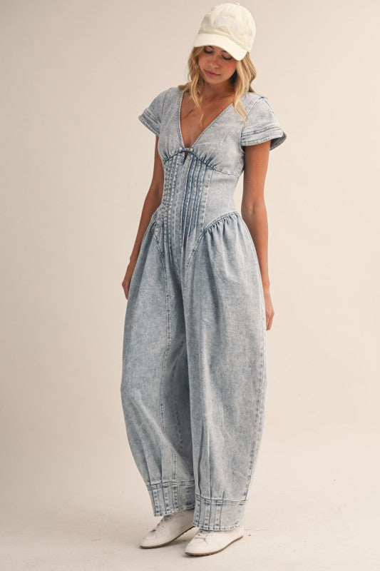 Denim Pintucked Waist Barrel Jumpsuit