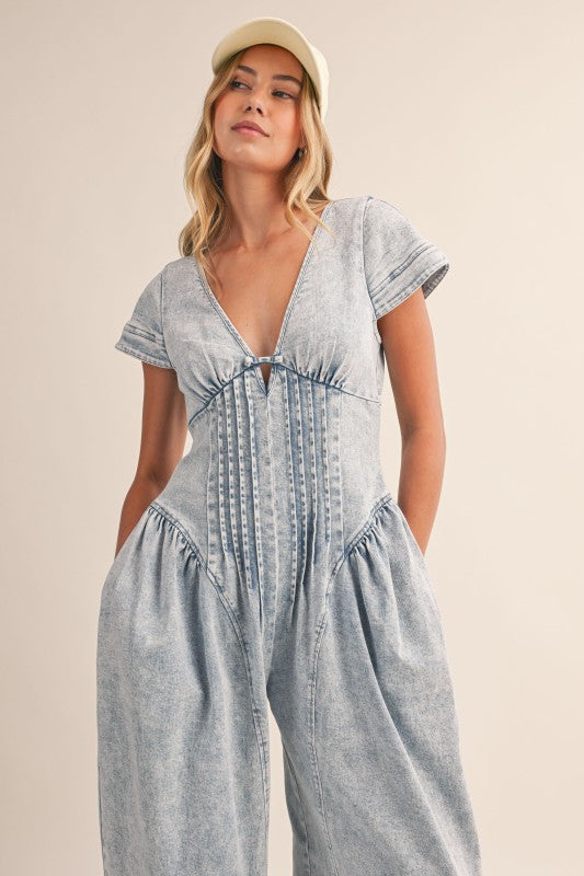Denim Pintucked Waist Barrel Jumpsuit