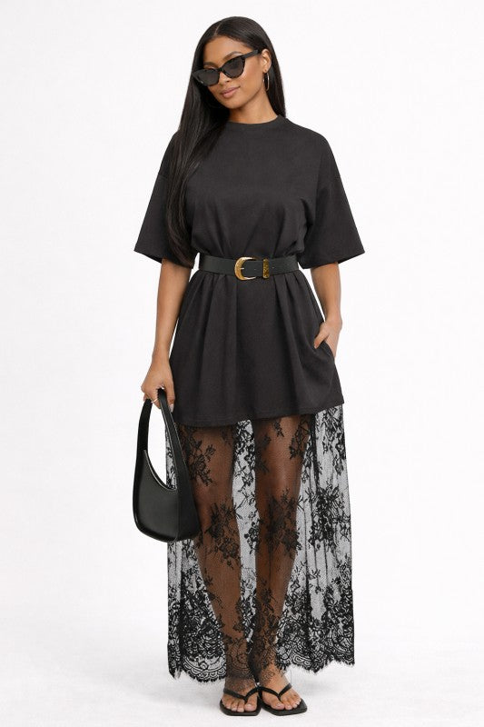 Floral Laced Patchwork T Shirt Maxi Dress