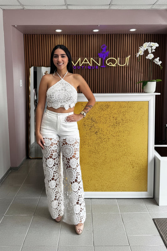 Fancy Crochet and Denim White Set