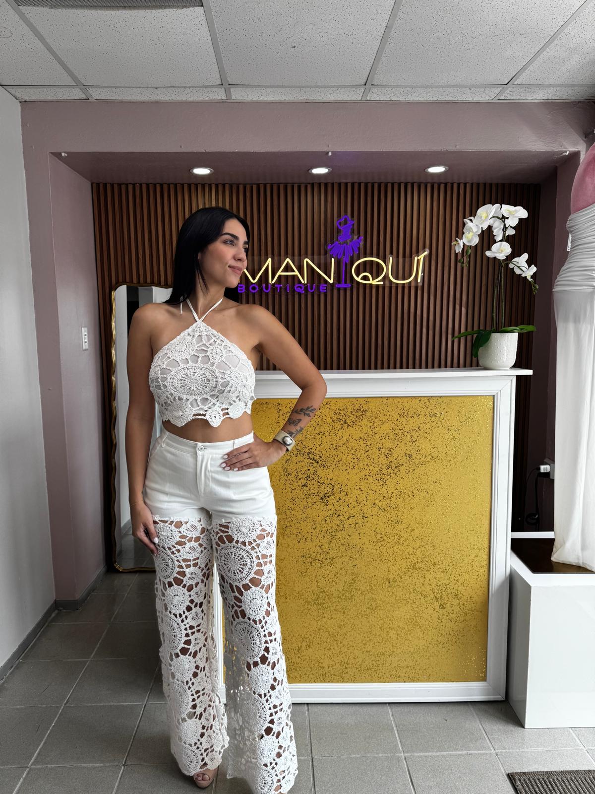 Fancy Crochet and Denim White Set