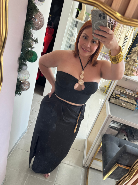 Pleated Satin Black Skirt