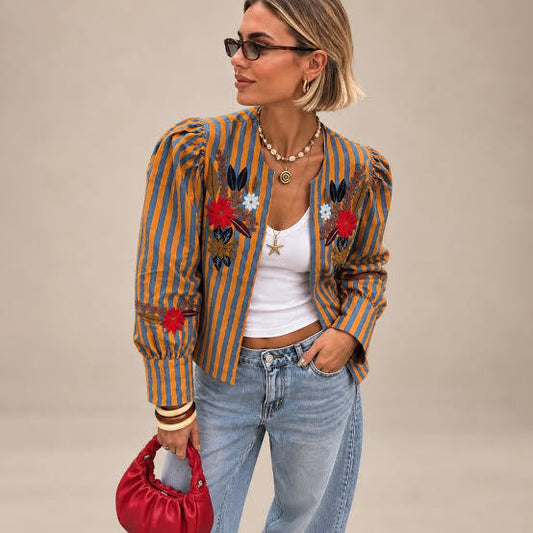 Striped Floral Embroidered Jacket